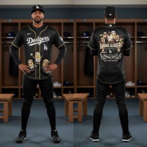 Los Angeles Dodgers Minions Monsters 2026 Vintage 1920s Baseball Jersey, black with Minions playing baseball and 'Banana Slugger' on the back.