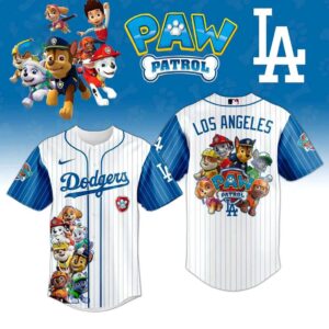 Los Angeles Dodgers Paw Patrol Night Baseball Jersey. White pinstripe with blue sleeves, featuring Paw Patrol characters & Dodgers branding.