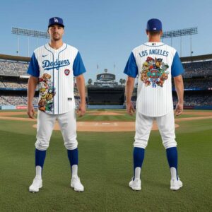 Los Angeles Dodgers Paw Patrol Night Baseball Jersey. White pinstripe with blue sleeves, featuring Paw Patrol characters & Dodgers branding.