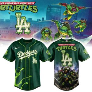 Los Angeles Dodgers Teenage Mutant Ninja Turtles Night 2026 Baseball Jersey, green, slime-effect Dodgers logo front, Ninja Turtles graphic on back.