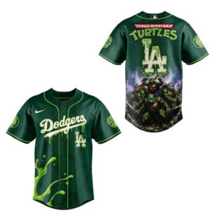 Los Angeles Dodgers Teenage Mutant Ninja Turtles Night 2026 Baseball Jersey, green, slime-effect Dodgers logo front, Ninja Turtles graphic on back.