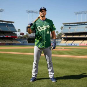 Los Angeles Dodgers Teenage Mutant Ninja Turtles Night 2026 Baseball Jersey, green, slime-effect Dodgers logo front, Ninja Turtles graphic on back.