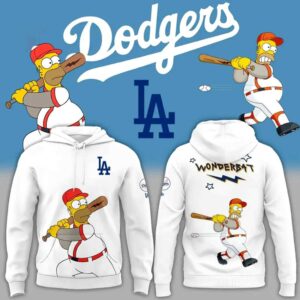 Los Angeles Dodgers The Simpsons 2026 Special Hoodie, white. Homer Simpson in uniform (front) & swinging 'Wonderbat' (back).
