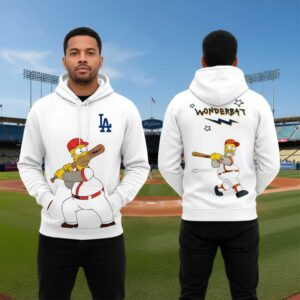 Los Angeles Dodgers The Simpsons 2026 Special Hoodie, white. Homer Simpson in uniform (front) & swinging 'Wonderbat' (back).