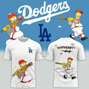 Los Angeles Dodgers The Simpsons 2026 Special Hoodie, white. Homer Simpson in uniform (front) & swinging 'Wonderbat' (back).