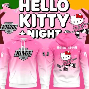 Los Angeles Kings Hello Kitty 2026 Hoodie in pink ombre, featuring Hello Kitty playing hockey on back and LA Kings logo on front.
