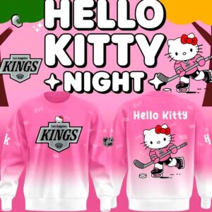 Los Angeles Kings Hello Kitty 2026 Hoodie in pink ombre, featuring Hello Kitty playing hockey on back and LA Kings logo on front.