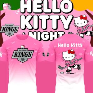 Los Angeles Kings Hello Kitty 2026 Hoodie in pink ombre, featuring Hello Kitty playing hockey on back and LA Kings logo on front.