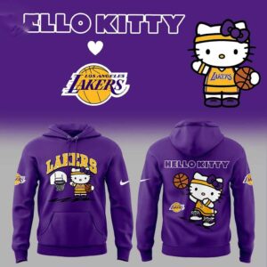 Los Angeles Lakers Hello Kitty Basketball Game Night 2026 Hoodie, purple, featuring Hello Kitty dribbling a basketball with Lakers logos.