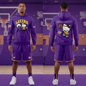 Los Angeles Lakers Hello Kitty Basketball Game Night 2026 Hoodie, purple, featuring Hello Kitty dribbling a basketball with Lakers logos.