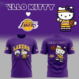 Los Angeles Lakers Hello Kitty Basketball Game Night 2026 Hoodie, purple, featuring Hello Kitty dribbling a basketball with Lakers logos.