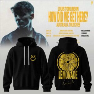 Louis Tomlinson How Did We Get Here Australia Tour 2026 Hoodie with yellow 'xx :)' smiley on front and 'LEMONADE' lemon slice graphic on back.