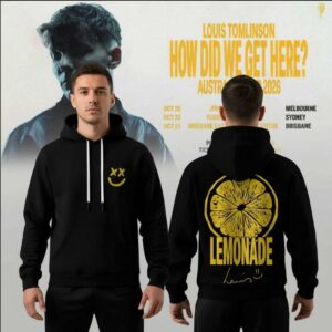 Louis Tomlinson How Did We Get Here Australia Tour 2026 Hoodie with yellow 'xx :)' smiley on front and 'LEMONADE' lemon slice graphic on back.