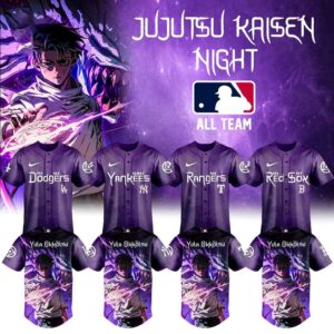 Purple MLB All Team JUJUTSU KAISEN NIGHT 2026 Jersey featuring various team logos on front and Yuta Okkotsu design on back.