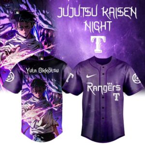 Purple MLB All Team JUJUTSU KAISEN NIGHT 2026 Jersey featuring various team logos on front and Yuta Okkotsu design on back.