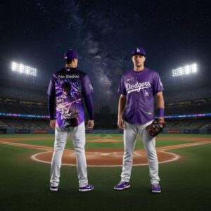 Purple MLB All Team JUJUTSU KAISEN NIGHT 2026 Jersey featuring various team logos on front and Yuta Okkotsu design on back.