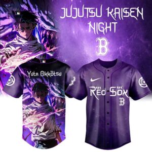 Purple MLB All Team JUJUTSU KAISEN NIGHT 2026 Jersey featuring various team logos on front and Yuta Okkotsu design on back.