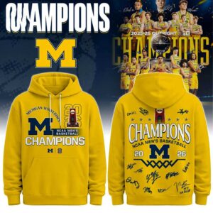 Michigan Wolverines NCAA Basketball Champions 2026 Hoodie. Yellow fan hoodie featuring team 'M' logo, 'CHAMPIONS' text, and player signatures on the back.
