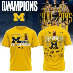 Michigan Wolverines NCAA Basketball Champions 2026 Hoodie. Yellow fan hoodie featuring team 'M' logo, 'CHAMPIONS' text, and player signatures on the back.