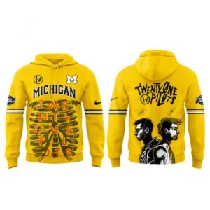 Michigan Wolverines Twenty One Pilots 2026 NCAA March Madness Music Festival Hoodie: yellow, skeleton ribcage, band text, and TØP portraits.