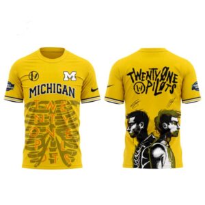 Michigan Wolverines Twenty One Pilots 2026 NCAA March Madness Music Festival Hoodie: yellow, skeleton ribcage, band text, and TØP portraits.