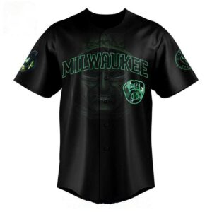 Milwaukee Brewers Avengers Doomsday 2026 Night Baseball Jersey, black with green text, hexagon patterns, and skull design.