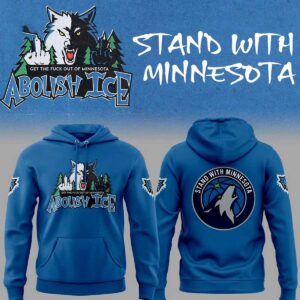 Minnesota Timberwolves Stand With Minnesota Hoodie, blue, with front wolf design and 'Stand with Minnesota' back logo.