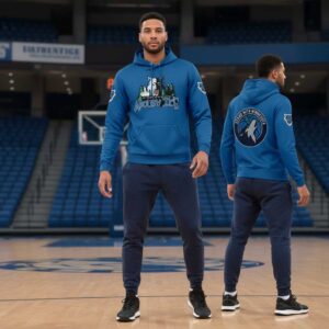 Minnesota Timberwolves Stand With Minnesota Hoodie, blue, with front wolf design and 'Stand with Minnesota' back logo.