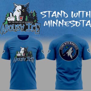 Minnesota Timberwolves Stand With Minnesota Hoodie, blue, with front wolf design and 'Stand with Minnesota' back logo.