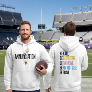 Minnesota Vikings Annunciation Hoodie, white. Front: 'ANNUNCIATION' & team logo. Back: multi-colored inspirational message.