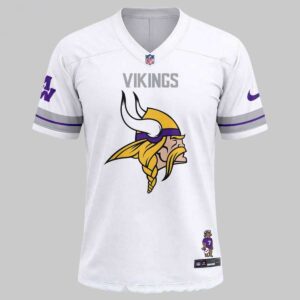 Minnesota Vikings Morgan Wallen Tour Schedule 2026 Football Jersey, white with purple sleeves, Vikings logo on front, tour dates on back.