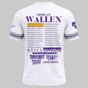Minnesota Vikings Morgan Wallen Tour Schedule 2026 Football Jersey, white with purple sleeves, Vikings logo on front, tour dates on back.