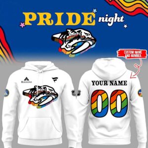 Nashville Predators Pride Night Custom Name Hoodie: white, rainbow Predators logo front, customizable name & rainbow numbers back.