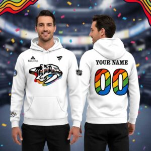 Nashville Predators Pride Night Custom Name Hoodie: white, rainbow Predators logo front, customizable name & rainbow numbers back.