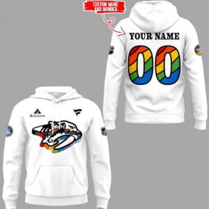 Nashville Predators Pride Night Custom Name Hoodie: white, rainbow Predators logo front, customizable name & rainbow numbers back.
