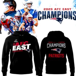 New England Patriots Afc East Champion 2025 Hoodie. Black, with '2025 AFC East Champions' on front & '2025 NFL North Champions' on back, plus team logos.