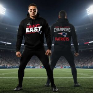 New England Patriots Afc East Champion 2025 Hoodie. Black, with '2025 AFC East Champions' on front & '2025 NFL North Champions' on back, plus team logos.