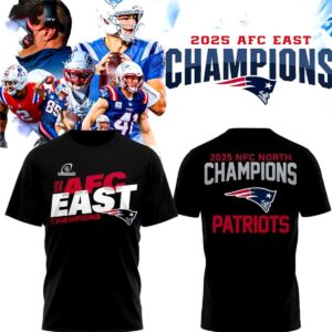 New England Patriots Afc East Champion 2025 Hoodie. Black, with '2025 AFC East Champions' on front & '2025 NFL North Champions' on back, plus team logos.