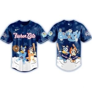 New Hampshire Fisher Cats Bluey Night Jersey. Blue baseball jersey featuring Bluey characters playing baseball on front and 'Bluey' on back.