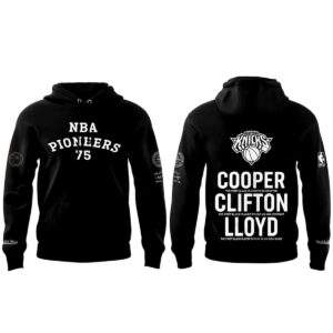 New York Knicks Nba Pioneers 75 Black Hoodie with 'NBA Pioneers 75' on front and Knicks logo, 'Cooper Clifton' on back.