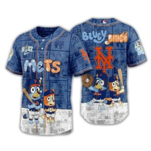New York Mets Bluey Bingo 2026 Jersey. Blue denim-look baseball jersey with Mets and NY logos, plus Bluey & Bingo characters playing baseball.