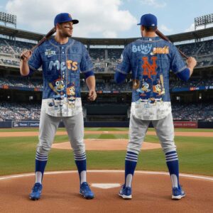 New York Mets Bluey Bingo 2026 Jersey. Blue denim-look baseball jersey with Mets and NY logos, plus Bluey & Bingo characters playing baseball.