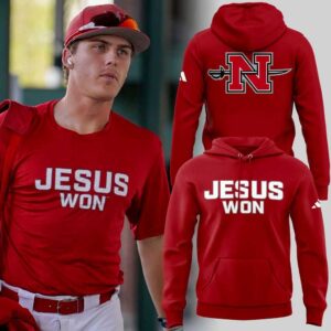 Nicholls Baseball Jesus Won 2026 Hoodie in red with 'JESUS WON' text on front & 'N' logo with saber on back.