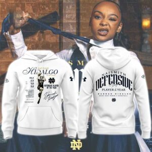 Notre Dame Women's Basketball Defensive Player of the Year Hoodie: Hannah Hidalgo design with stats, player, and Naismith award.