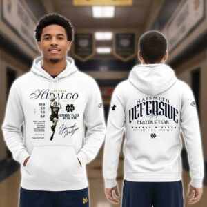 Notre Dame Women's Basketball Defensive Player of the Year Hoodie: Hannah Hidalgo design with stats, player, and Naismith award.