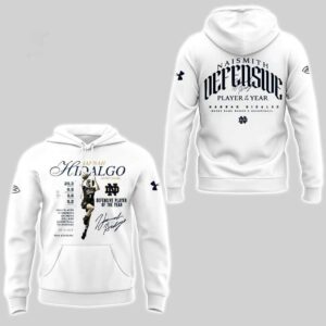 Notre Dame Women's Basketball Defensive Player of the Year Hoodie: Hannah Hidalgo design with stats, player, and Naismith award.