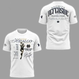 Notre Dame Women's Basketball Defensive Player of the Year Hoodie: Hannah Hidalgo design with stats, player, and Naismith award.