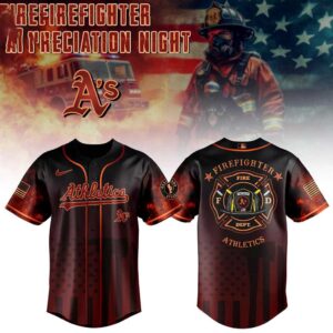 Oakland Athletics Firefighter Appreciation Night 2026 Baseball Jersey. Black/red, 'Athletics' script, A's logo, firefighter emblem, US flag graphics.