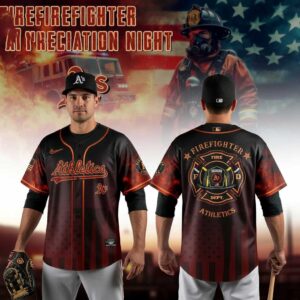 Oakland Athletics Firefighter Appreciation Night 2026 Baseball Jersey. Black/red, 'Athletics' script, A's logo, firefighter emblem, US flag graphics.
