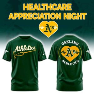 Oakland Athletics Healthcare Appreciation Night Hoodie, dark green with yellow 'Athletics' script, caduceus, and heart-shaped A's logo with ECG line.